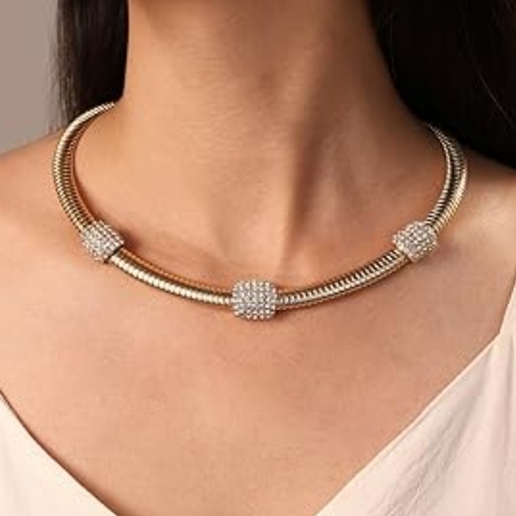 Chunky Stainless Steel Choker Necklace With Cubic Zirconia - Picture 2 of 6